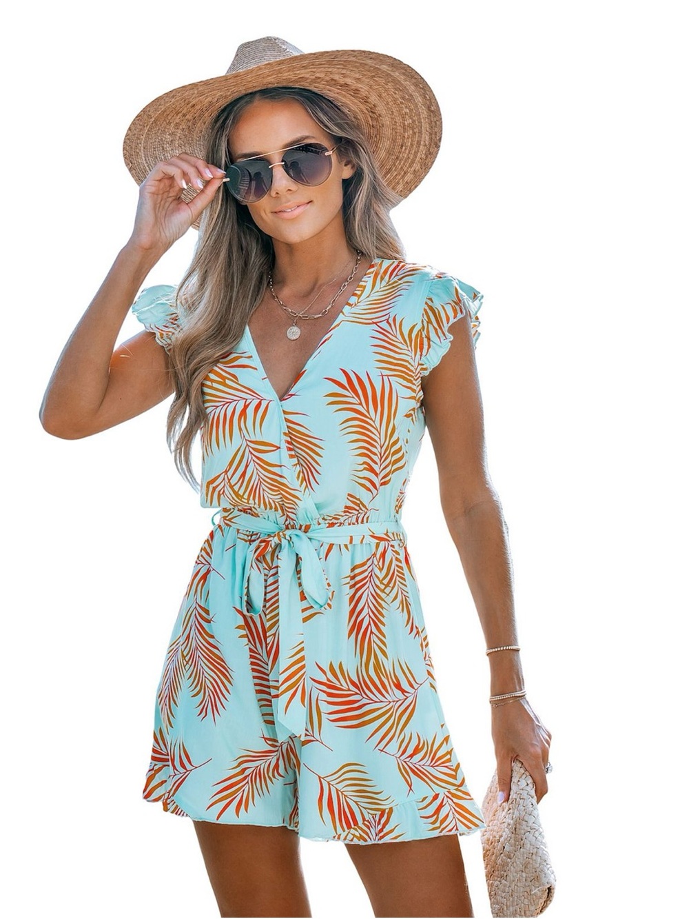 Cupshe Tropical Leaf Print Mint Romper NWT